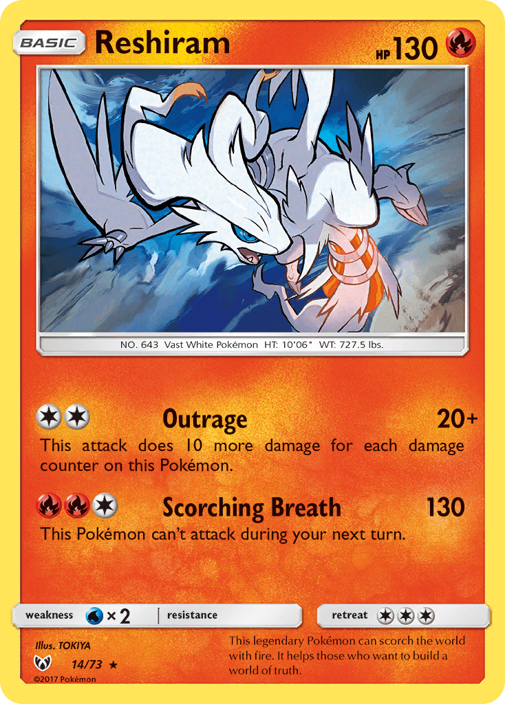 14, Fire, Holo Rare, Holofoil, Reverse Holofoil, Sun & Moon: Shining Legends, Water[×2] Reshiram (14/73) [Sun & Moon: Shining Legends] - Trading Card World