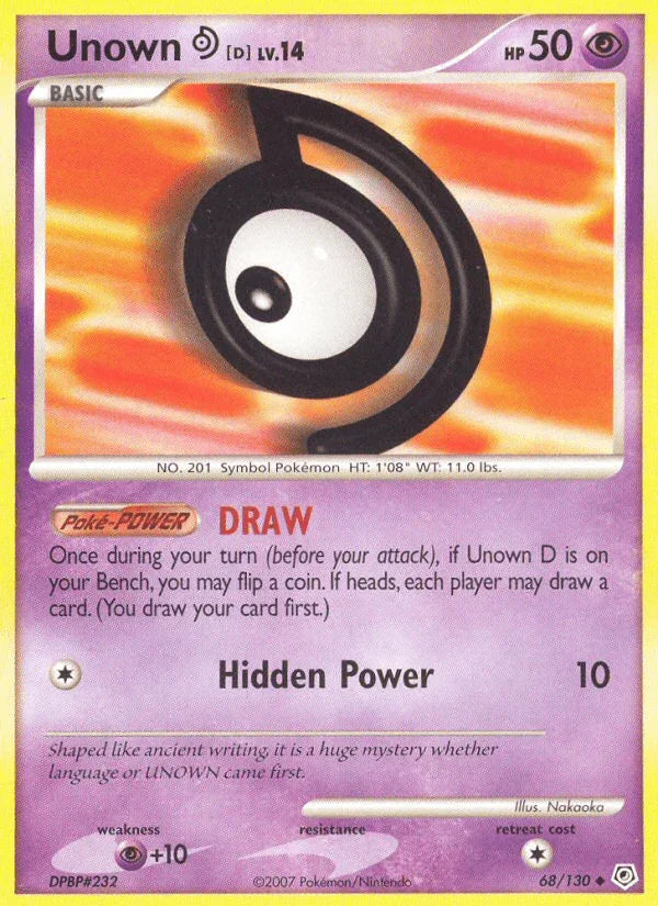 68, Diamond & Pearl: Base Set, Normal, Psychic, Psychic[+10], Reverse Holofoil, Uncommon Unown D (68/130) [Diamond & Pearl: Base Set] - Trading Card World