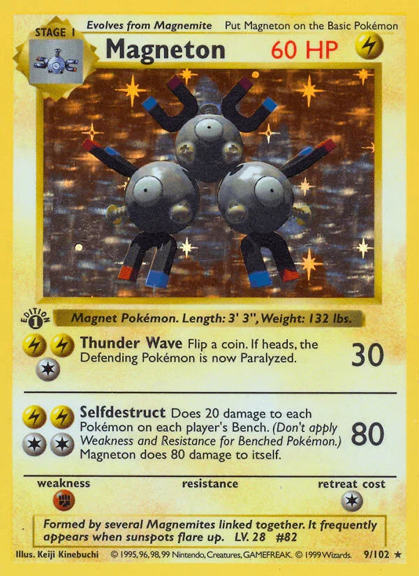 1st Edition Holofoil, Base Set 1st Edition, Fighting[×2], Holo Rare, Lightning Magneton (9/102) (Shadowless) [Base Set 1st Edition] - Trading Card World