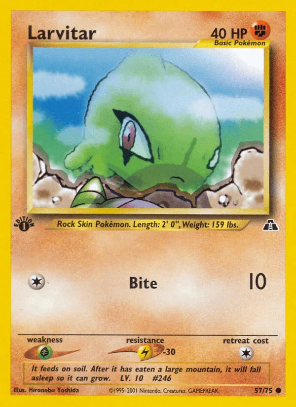 1st Edition Normal, 57, Common, Fighting, Grass[×2], Lightning[-30], Neo Discovery 1st Edition Larvitar (57/75) [Neo Discovery 1st Edition] - Trading Card World