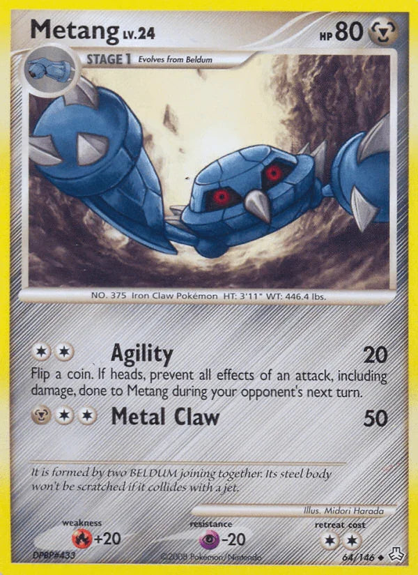 64, Diamond & Pearl: Legends Awakened, Fire[+20], Metal, Normal, Psychic[-20], Reverse Holofoil, Uncommon Metang (64/146) [Diamond & Pearl: Legends Awakened] - Trading Card World