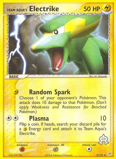 27, EX: Team Magma vs Team Aqua, Fighting[×2], Lightning, Metal[-30], Normal, Reverse Holofoil, Uncommon Team Aqua's Electrike (27/95) [EX: Team Magma vs Team Aqua] - Trading Card World