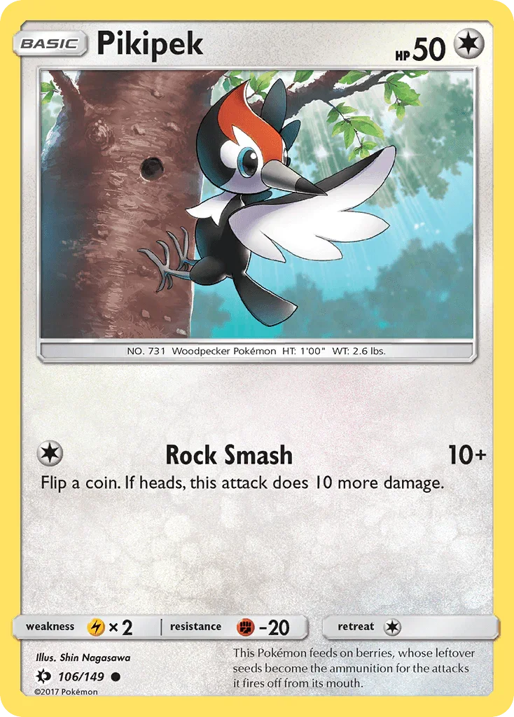 106, Colorless, Common, Fighting[-20], Lightning[×2], Normal, Reverse Holofoil, Sun & Moon: Base Set Pikipek (106/149) [Sun & Moon: Base Set] - Trading Card World