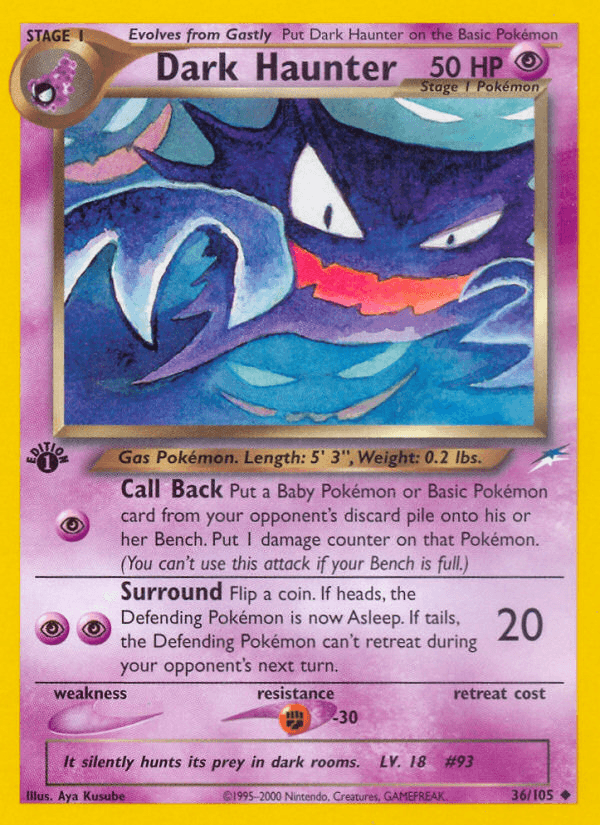 1st Edition Normal, 36, Fighting[-30], Neo Destiny 1st Edition, Psychic, Uncommon Dark Haunter (36/105) [Neo Destiny 1st Edition] - Trading Card World