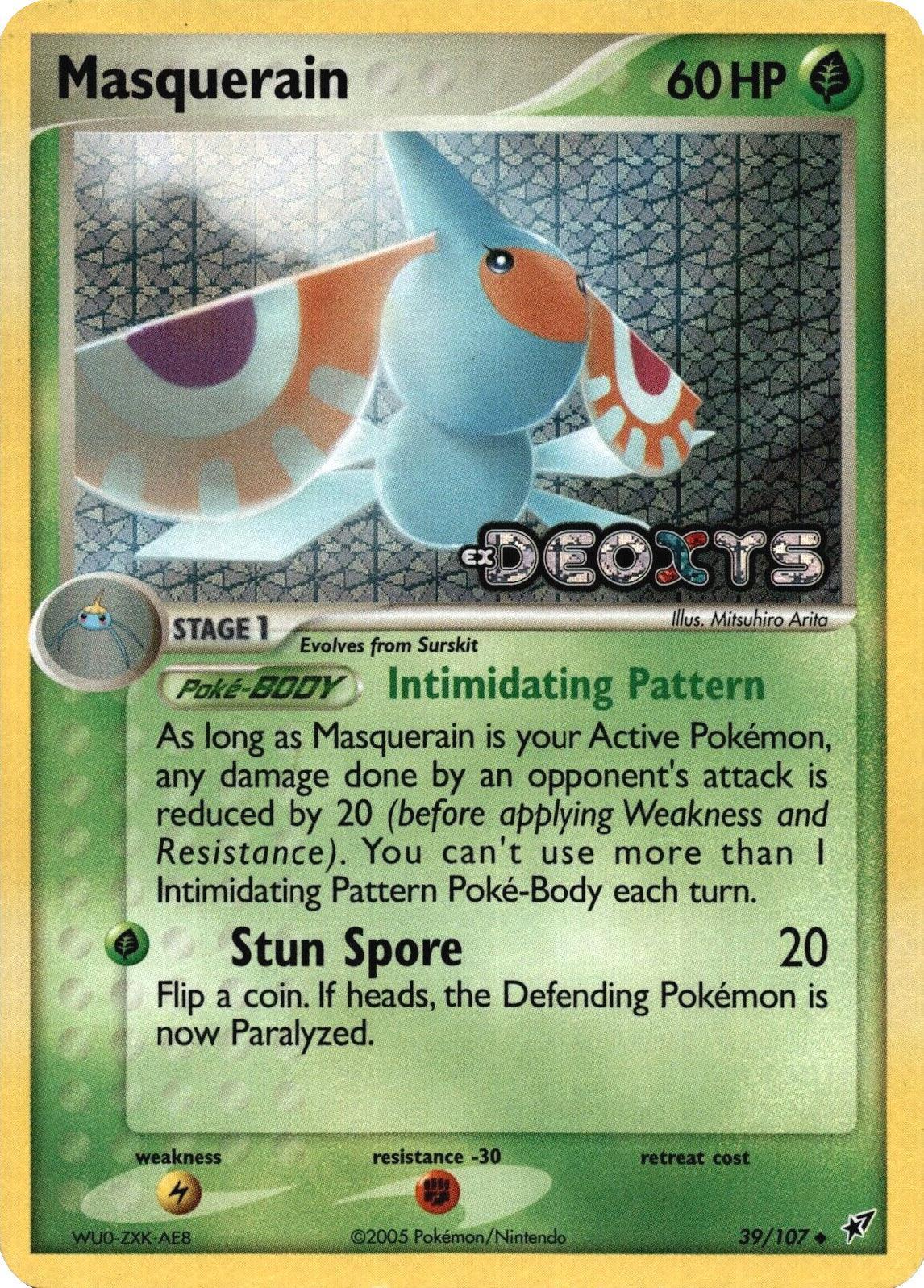 39, EX: Deoxys, Fighting[-30], Grass, Lightning[×2], Reverse Holofoil, Uncommon Masquerain (39/107) (Stamped) [EX: Deoxys] - Trading Card World