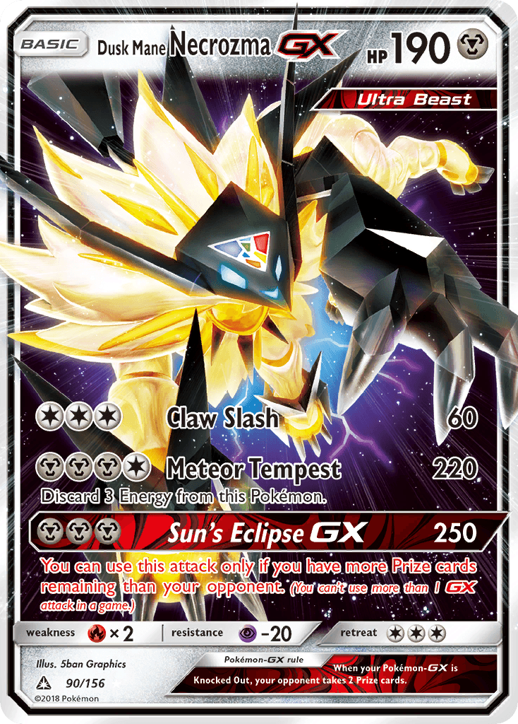 90, Fire[×2], Holofoil, Metal, Psychic[-20], Sun & Moon: Ultra Prism, Ultra Rare Dusk Mane Necrozma GX (90/156) [Sun & Moon: Ultra Prism] - Trading Card World