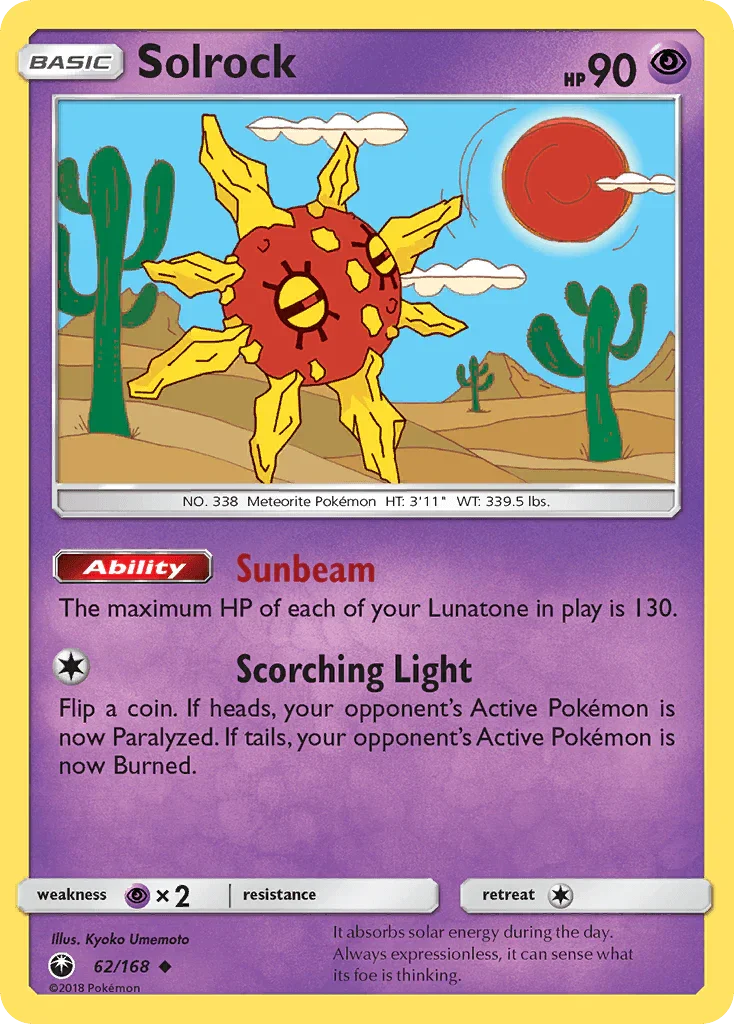 62, Normal, Psychic, Psychic[×2], Reverse Holofoil, Sun & Moon: Celestial Storm, Uncommon Solrock (62/168) [Sun & Moon: Celestial Storm] - Trading Card World