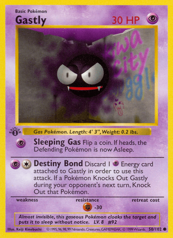 1st Edition Normal, 50, Base Set 1st Edition, Common, Fighting[-30], Psychic Gastly (50/102) (Shadowless) [Base Set 1st Edition] - Trading Card World