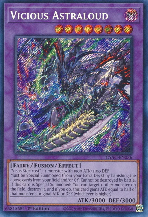 1st Edition, Cyberstorm Access, Dark, Fairy, Fusion/Effect Monster, Secret Rare Vicious Astraloud [CYAC-EN036] Secret Rare - Trading Card World