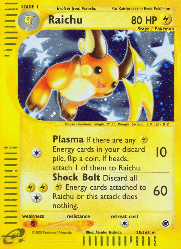25, Expedition: Base Set, Fighting[×2], Holo Rare, Holofoil, Lightning, Reverse Holofoil Raichu (25/165) [Expedition: Base Set] - Trading Card World