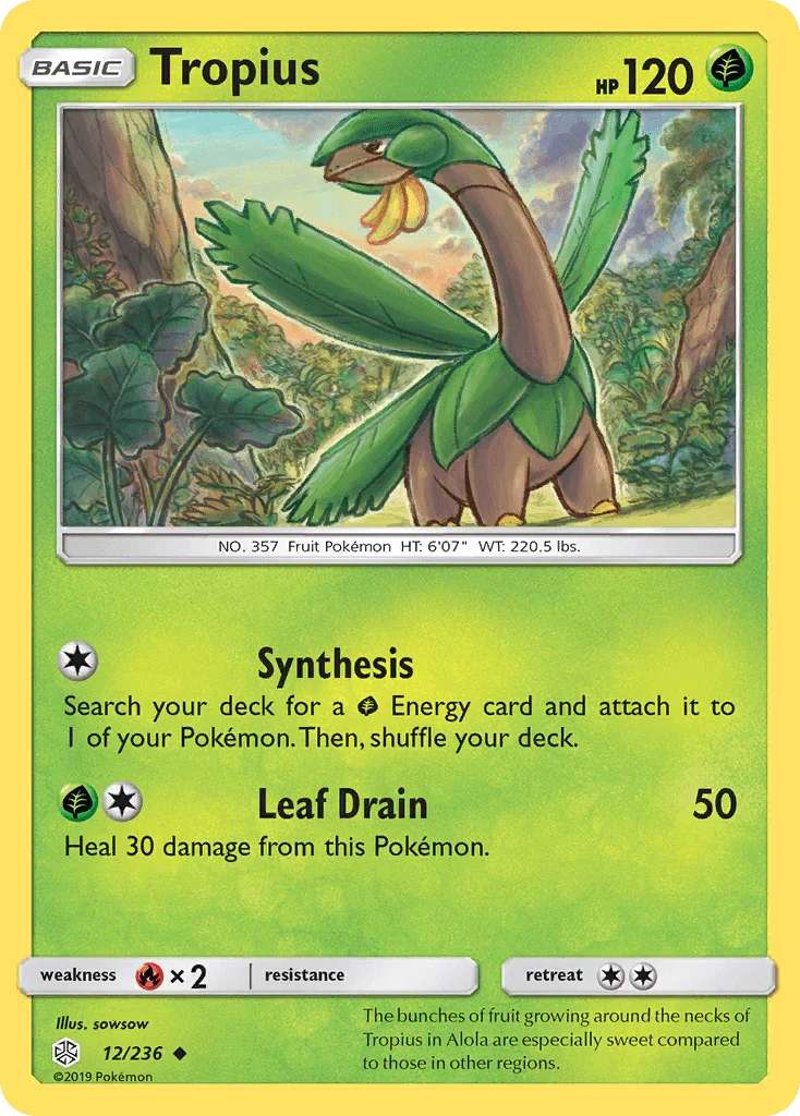 12, Fire[×2], Grass, Normal, Reverse Holofoil, Sun & Moon: Cosmic Eclipse, Uncommon Tropius (12/236) [Sun & Moon: Cosmic Eclipse] - Trading Card World