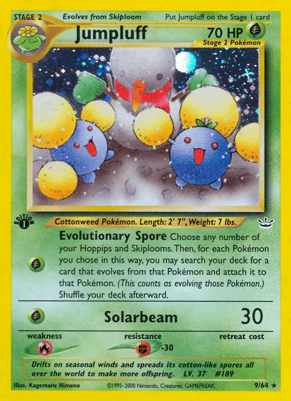 1st Edition Holofoil, Fighting[-30], Fire[×2], Grass, Holo Rare, Neo Revelation 1st Edition Jumpluff (9/64) [Neo Revelation 1st Edition] - Trading Card World
