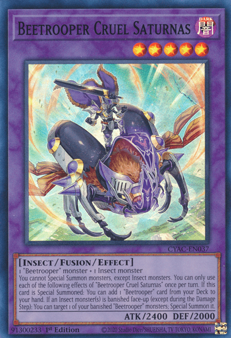 1st Edition, Cyberstorm Access, Dark, Fusion/Effect Monster, Insect, Super Rare Beetrooper Cruel Saturnas [CYAC-EN037] Super Rare - Trading Card World