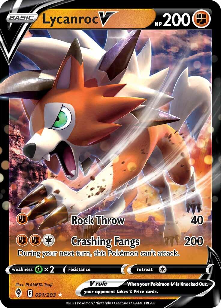 091, Fighting, Grass [x2], Holofoil, Sword & Shield: Evolving Skies, Ultra Rare Lycanroc V (091/203) [Sword & Shield: Evolving Skies] - Trading Card World