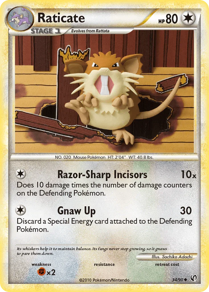 34, Colorless, Fighting[×2], HeartGold & SoulSilver: Undaunted, Normal, Reverse Holofoil, Uncommon Raticate (34/90) [HeartGold & SoulSilver: Undaunted] - Trading Card World