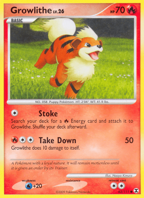 63, Common, Fire, Normal, Platinum: Rising Rivals, Reverse Holofoil, Water[+20] Growlithe (63/111) [Platinum: Rising Rivals] - Trading Card World