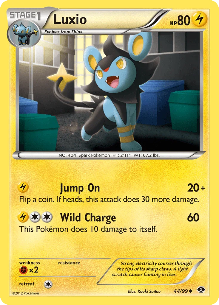 44, Black & White: Next Destinies, Fighting[×2], Lightning, Normal, Reverse Holofoil, Uncommon Luxio (44/99) [Black & White: Next Destinies] - Trading Card World