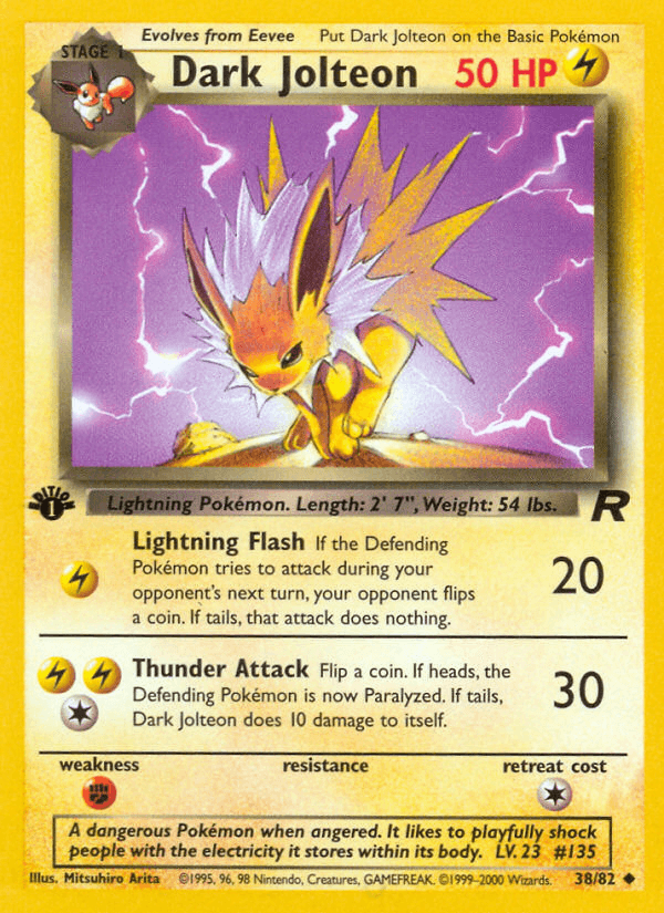 1st Edition Normal, 38, Fighting[×2], Lightning, Team Rocket 1st Edition, Uncommon Dark Jolteon (38/82) [Team Rocket 1st Edition] - Trading Card World