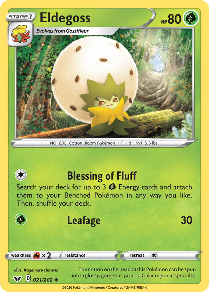 021, Fire[×2], Grass, Normal, Reverse Holofoil, Sword & Shield: Base Set, Uncommon Eldegoss (021/202) [Sword & Shield: Base Set] - Trading Card World
