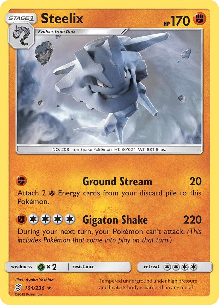 Fighting, Grass[×2], Normal, Rare, Reverse Holofoil, Sun & Moon: Unified Minds Steelix (104/236) [Sun & Moon: Unified Minds] - Trading Card World