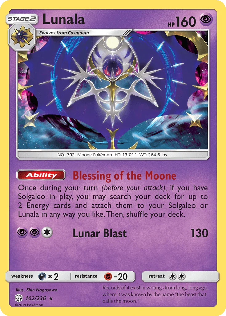 102, Darkness[×2], Fighting[-20], Holo Rare, Holofoil, Psychic, Reverse Holofoil, Sun & Moon: Cosmic Eclipse Lunala (102/236) [Sun & Moon: Cosmic Eclipse] - Trading Card World
