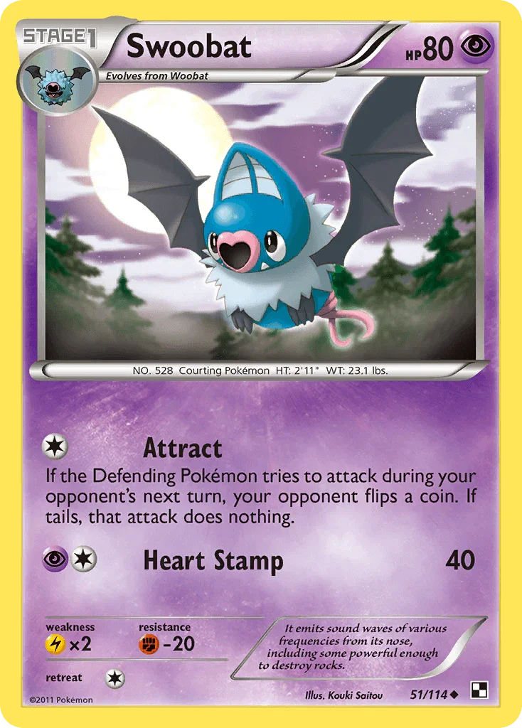51, Black & White: Base Set, Fighting[-20], Lightning[×2], Normal, Psychic, Reverse Holofoil, Uncommon Swoobat (51/114) [Black & White: Base Set] - Trading Card World