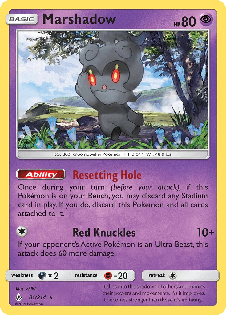 81, Darkness[×2], Fighting[-20], Holo Rare, Holofoil, Psychic, Reverse Holofoil, Sun & Moon: Unbroken Bonds Marshadow (81/214) [Sun & Moon: Unbroken Bonds] - Trading Card World