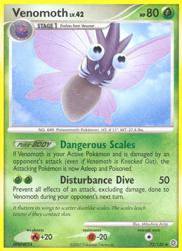 73, Diamond & Pearl: Secret Wonders, Fighting[-20], Fire[+20], Grass, Normal, Reverse Holofoil, Uncommon Venomoth (73/132) [Diamond & Pearl: Secret Wonders] - Trading Card World