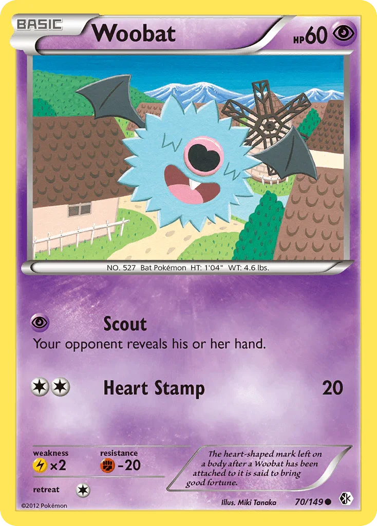 70, Black & White: Boundaries Crossed, Common, Fighting[-20], Lightning[×2], Normal, Psychic, Reverse Holofoil Woobat (70/149) [Black & White: Boundaries Crossed] - Trading Card World