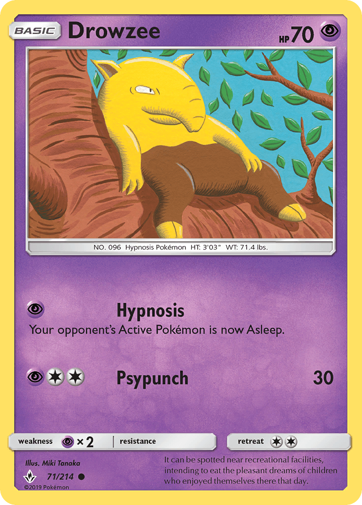 71, Common, Normal, Psychic, Psychic[×2], Reverse Holofoil, Sun & Moon: Unbroken Bonds Drowzee (71/214) [Sun & Moon: Unbroken Bonds] - Trading Card World