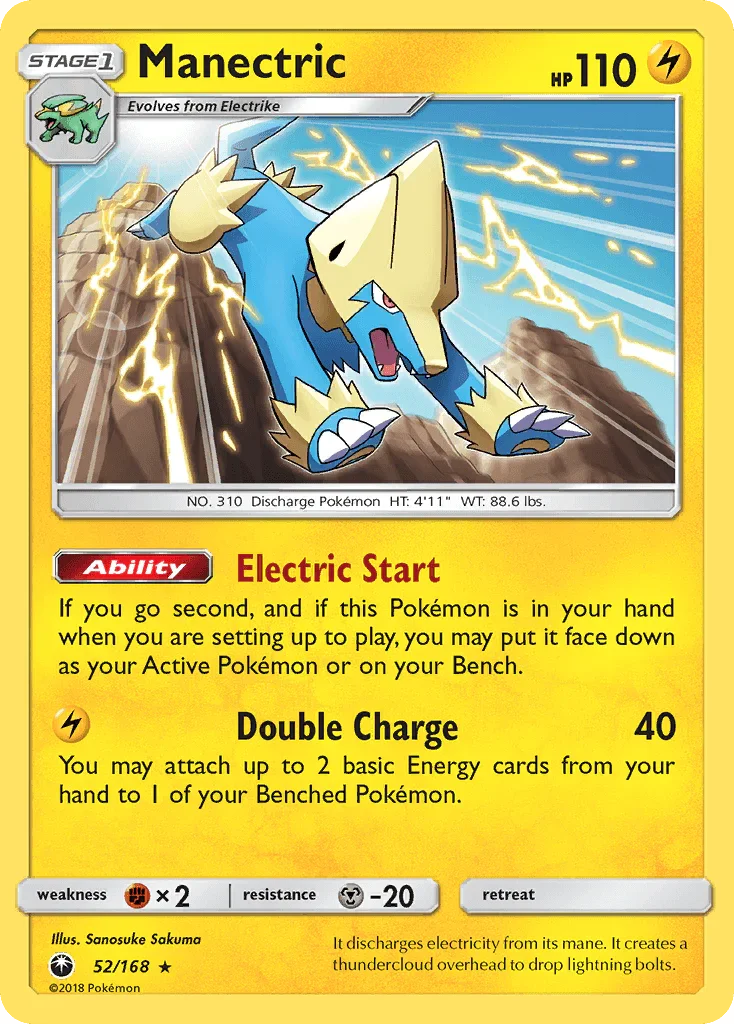 52, Fighting[×2], Lightning, Metal[-20], Normal, Rare, Reverse Holofoil, Sun & Moon: Celestial Storm Manectric (52/168) [Sun & Moon: Celestial Storm] - Trading Card World