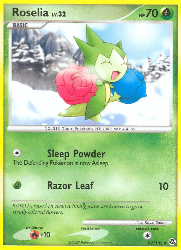 62, Diamond & Pearl: Secret Wonders, Fire[+20], Grass, Normal, Reverse Holofoil, Uncommon Roselia (62/132) [Diamond & Pearl: Secret Wonders] - Trading Card World