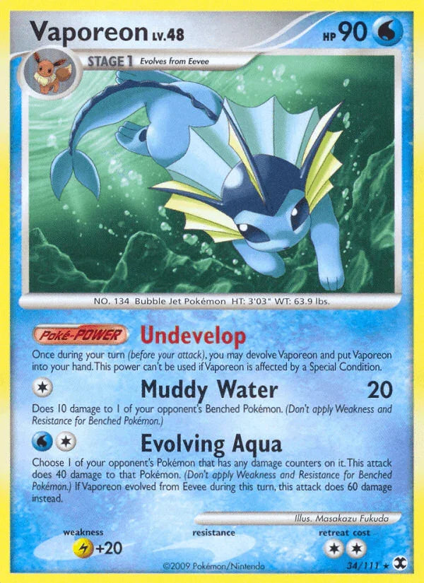 34, Lightning[+20], Normal, Platinum: Rising Rivals, Rare, Reverse Holofoil, Water Vaporeon (34/111) [Platinum: Rising Rivals] - Trading Card World