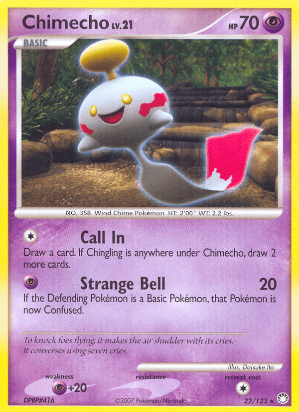 22, Diamond & Pearl: Mysterious Treasures, Normal, Psychic, Psychic[+20], Rare, Reverse Holofoil Chimecho (22/123) [Diamond & Pearl: Mysterious Treasures] - Trading Card World