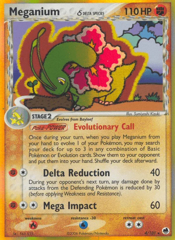 EX: Dragon Frontiers, Fighting, Fire[×2], Holo Rare, Holofoil, Water[-30] Meganium (4/101) (Delta Species) [EX: Dragon Frontiers] - Trading Card World