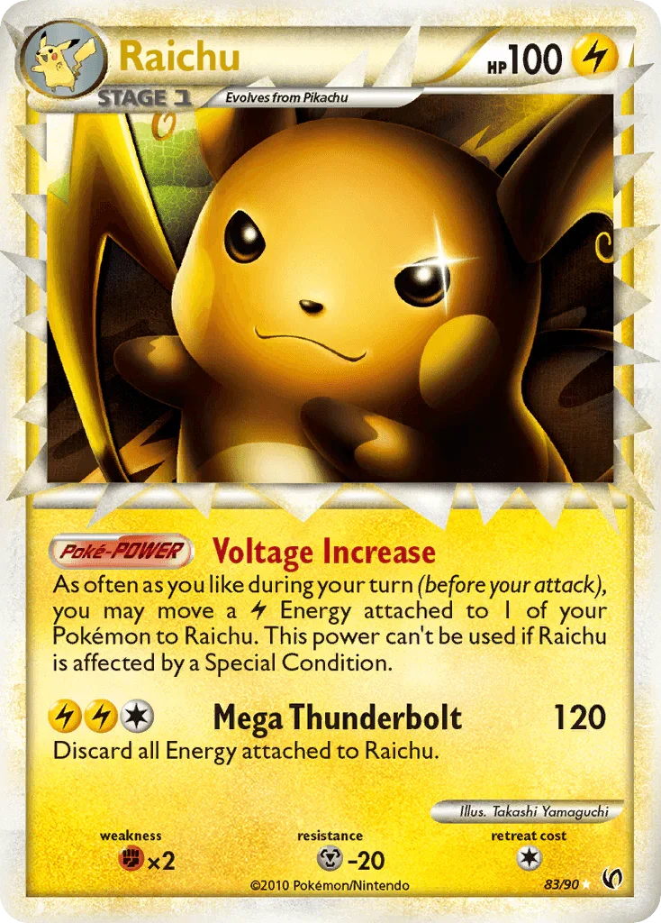 83, Fighting[×2], HeartGold & SoulSilver: Undaunted, Holofoil, Lightning, Metal[-20], Ultra Rare Raichu (83/90) [HeartGold & SoulSilver: Undaunted] - Trading Card World