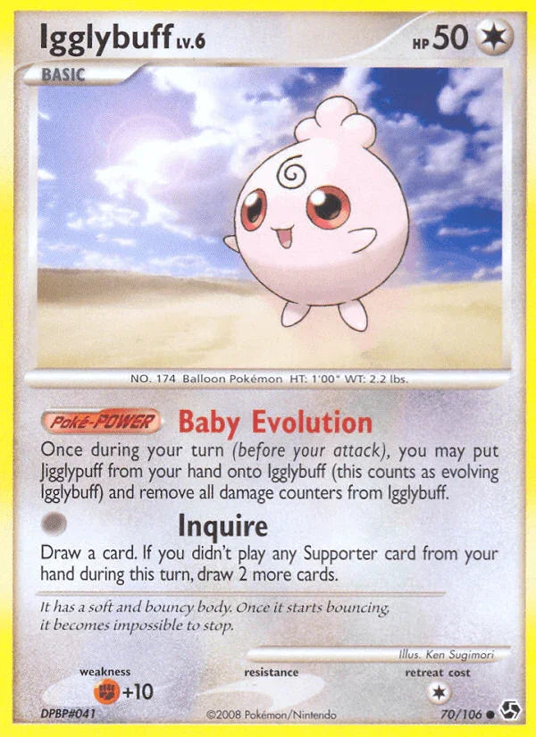 70, Colorless, Common, Diamond & Pearl: Great Encounters, Fighting[+10], Normal, Reverse Holofoil Igglybuff (70/106) [Diamond & Pearl: Great Encounters] - Trading Card World
