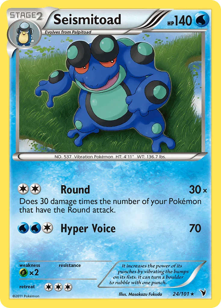 24, Black & White: Noble Victories, Grass[×2], Normal, Rare, Reverse Holofoil, Water Seismitoad (24/101) [Black & White: Noble Victories] - Trading Card World