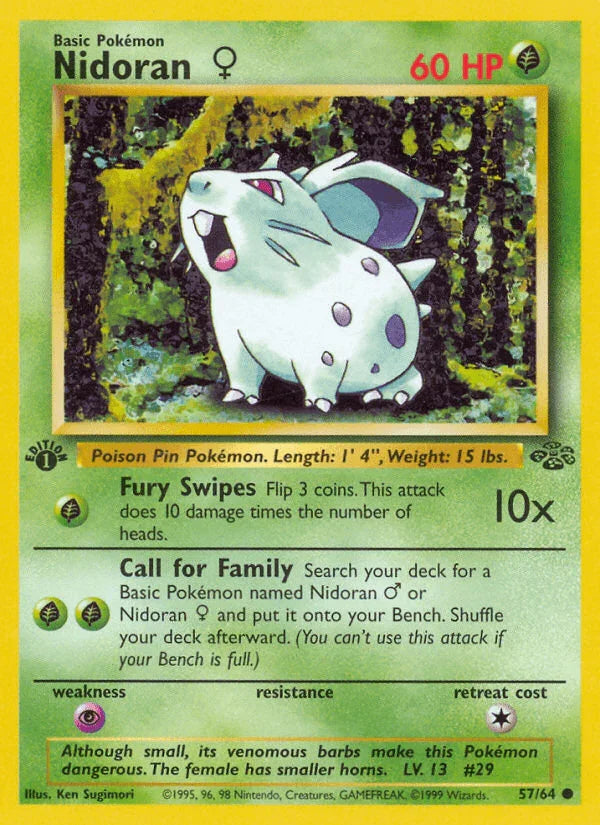 1st Edition Normal, 57, Common, Grass, Jungle 1st Edition, Psychic[×2] Nidoran (57/64) (Female) [Jungle 1st Edition] - Trading Card World