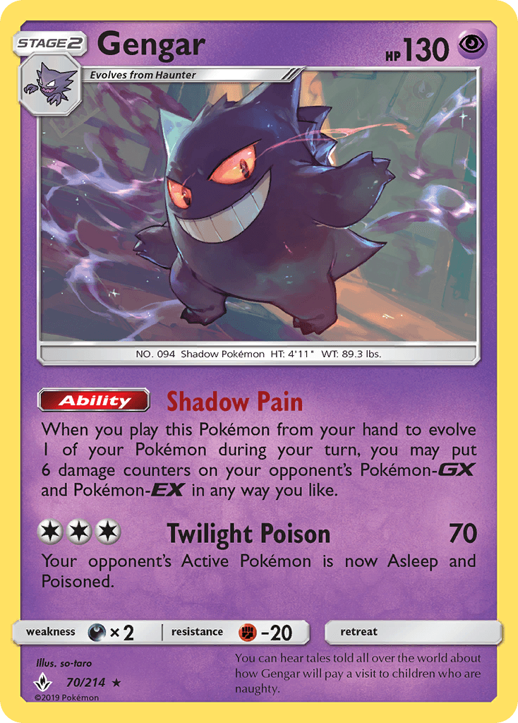 70, Darkness[×2], Fighting[-20], Normal, Psychic, Rare, Reverse Holofoil, Sun & Moon: Unbroken Bonds Gengar (70/214) [Sun & Moon: Unbroken Bonds] - Trading Card World