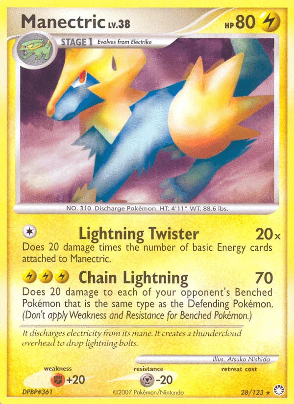 28, Diamond & Pearl: Mysterious Treasures, Fighting[+20], Lightning, Metal[-20], Normal, Rare, Reverse Holofoil Manectric (28/123) [Diamond & Pearl: Mysterious Treasures] - Trading Card World