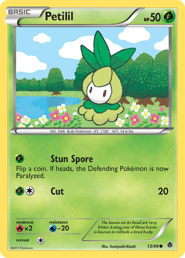 13, Black & White: Emerging Powers, Common, Fire[×2], Grass, Normal, Reverse Holofoil, Water[-20] Petilil (13/98) [Black & White: Emerging Powers] - Trading Card World
