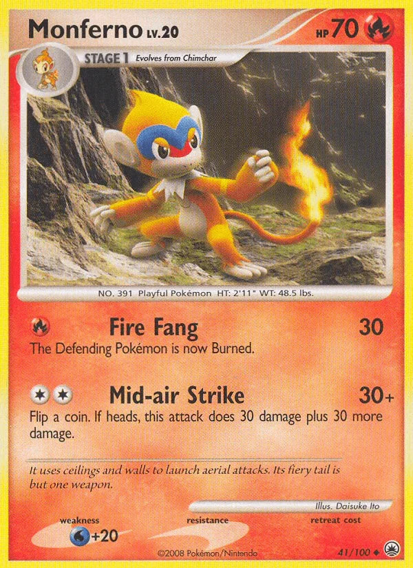 41, Diamond & Pearl: Majestic Dawn, Fire, Normal, Reverse Holofoil, Uncommon, Water[+20] Monferno (41/100) [Diamond & Pearl: Majestic Dawn] - Trading Card World