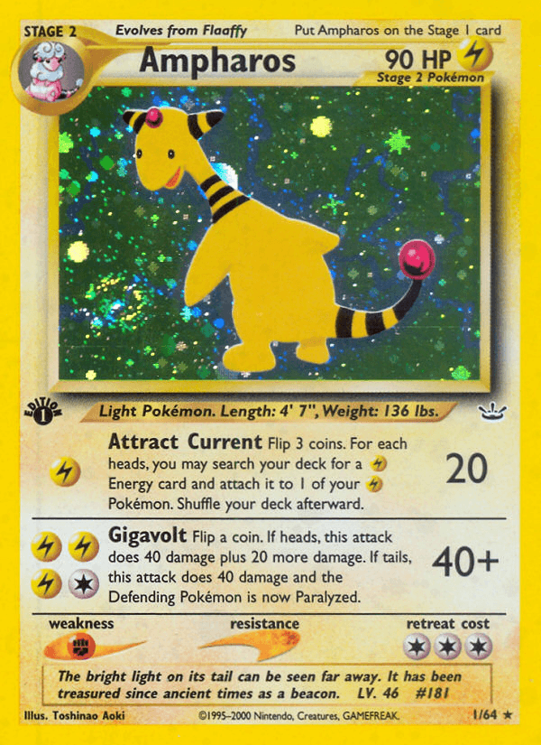 1st Edition Holofoil, Fighting[×2], Holo Rare, Lightning, Neo Revelation 1st Edition Ampharos (1/64) [Neo Revelation 1st Edition] - Trading Card World