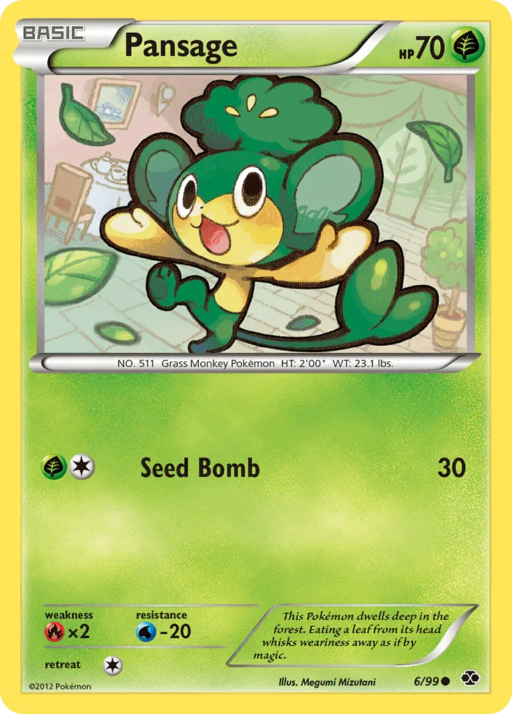 Black & White: Next Destinies, Common, Fire[×2], Grass, Normal, Reverse Holofoil, Water[-20] Pansage (6/99) [Black & White: Next Destinies] - Trading Card World