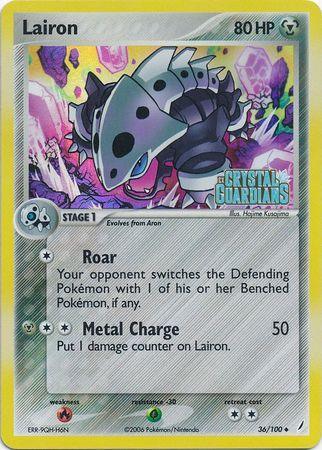 36, EX: Crystal Guardians, Fire[×2], Grass[-30], Metal, Reverse Holofoil, Uncommon Lairon (36/100) (Stamped) [EX: Crystal Guardians] - Trading Card World