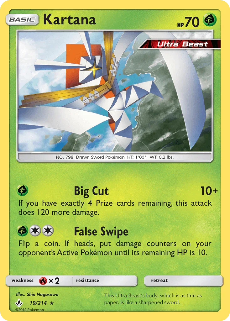 19, Fire[×2], Grass, Holo Rare, Holofoil, Reverse Holofoil, Sun & Moon: Unbroken Bonds Kartana (19/214) [Sun & Moon: Unbroken Bonds] - Trading Card World