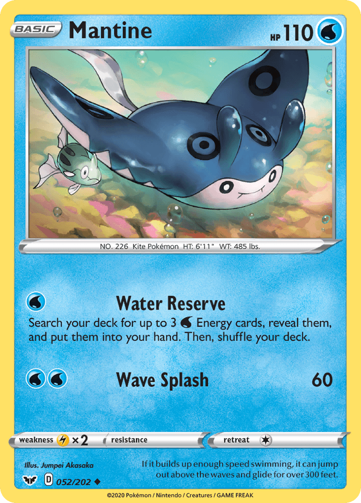 052, Lightning[×2], Normal, Reverse Holofoil, Sword & Shield: Base Set, Uncommon, Water Mantine (052/202) [Sword & Shield: Base Set] - Trading Card World
