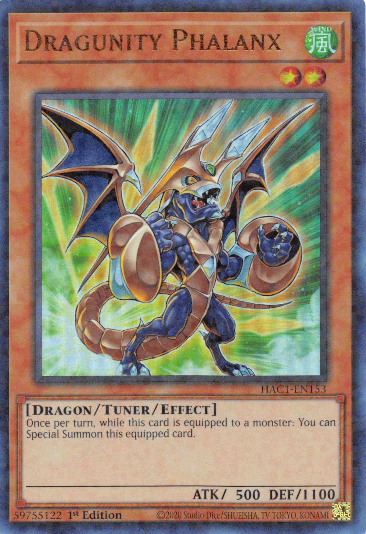 1st Edition, Dragon, Hidden Arsenal: Chapter 1, Parallel Rare, Tuner/Effect Monster, Wind Dragunity Phalanx (Duel Terminal) [HAC1-EN153] Parallel Rare - Trading Card World