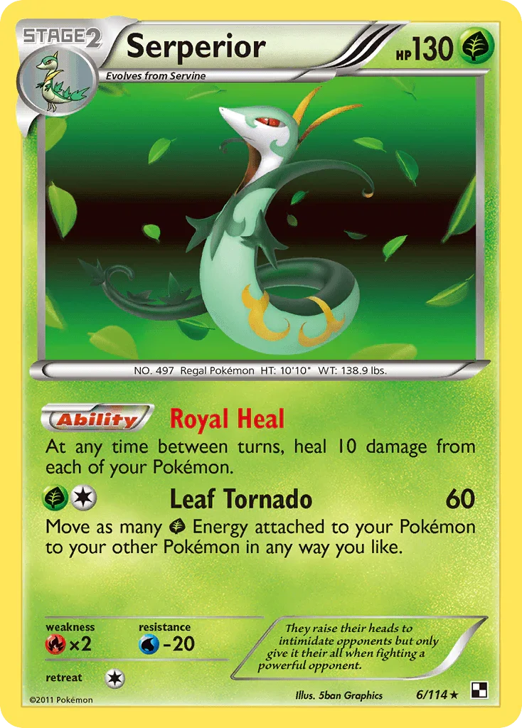 Black & White: Base Set, Fire[×2], Grass, Holo Rare, Holofoil, Reverse Holofoil, Water[-20] Serperior (6/114) [Black & White: Base Set] - Trading Card World